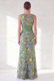 Navy Mermaid Bateau Neck Floral Long Mother of the Bride Dress with Slit
