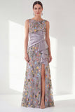 Navy Mermaid Bateau Neck Floral Long Mother of the Bride Dress with Slit