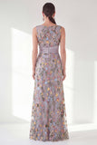Navy Mermaid Bateau Neck Floral Long Mother of the Bride Dress with Slit