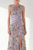 Navy Mermaid Bateau Neck Floral Long Mother of the Bride Dress with Slit