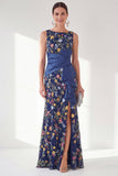 Navy Mermaid Bateau Neck Floral Long Mother of the Bride Dress with Slit