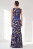 Navy Mermaid Bateau Neck Floral Long Mother of the Bride Dress with Slit