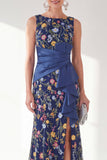 Navy Mermaid Bateau Neck Floral Long Mother of the Bride Dress with Slit