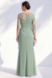 Green Mermaid Bateau Neck Chiffon Floral Long Mother of the Bride Dress