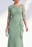 Green Mermaid Bateau Neck Chiffon Floral Long Mother of the Bride Dress