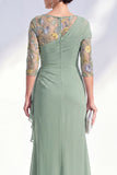 Green Mermaid Bateau Neck Chiffon Floral Long Mother of the Bride Dress