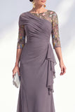 Green Mermaid Bateau Neck Chiffon Floral Long Mother of the Bride Dress