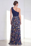 Sparkly A-Line Navy One Shoulder Sequins Floral Long Mother Of the Bride Dress with Slit