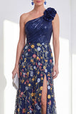 Sparkly A-Line Navy One Shoulder Sequins Floral Long Mother Of the Bride Dress with Slit