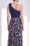 Sparkly A-Line Navy One Shoulder Sequins Floral Long Mother Of the Bride Dress with Slit