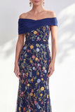 Green A-Line Off the Shoulder Floral Long Mother of the Bride Dress