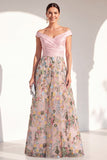 A-Line Blush Off the Shoulder Floral Long Mother of the Bride Dress