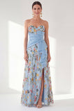 Blue A-Line Sweetheart Floral Long Mother Of the Bride Dress with Slit