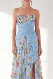 Blue A-Line Sweetheart Floral Long Mother Of the Bride Dress with Slit