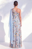 Blue A-Line One Shoulder Floral Long Mother Of the Bride Dress with Side Cape