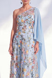 Blue A-Line One Shoulder Floral Long Mother Of the Bride Dress with Side Cape