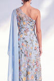 Blue A-Line One Shoulder Floral Long Mother Of the Bride Dress with Side Cape