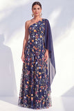 Blue A-Line One Shoulder Floral Long Mother Of the Bride Dress with Side Cape