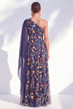 Blue A-Line One Shoulder Floral Long Mother Of the Bride Dress with Side Cape