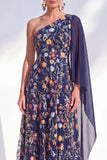 Blue A-Line One Shoulder Floral Long Mother Of the Bride Dress with Side Cape