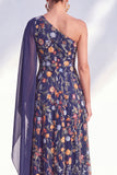 Blue A-Line One Shoulder Floral Long Mother Of the Bride Dress with Side Cape