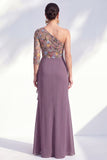 Mermaid Grey Purple One Shoulder Floral Long Mother of the Bride Dress