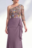 Mermaid Grey Purple One Shoulder Floral Long Mother of the Bride Dress