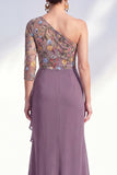Mermaid Grey Purple One Shoulder Floral Long Mother of the Bride Dress