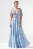 A-Line Green V-Neck Chiffon Floral Long Mother of the Bride Dress with Beading