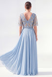 A-Line Green V-Neck Chiffon Floral Long Mother of the Bride Dress with Beading