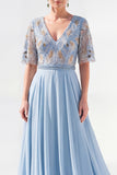 A-Line Green V-Neck Chiffon Floral Long Mother of the Bride Dress with Beading