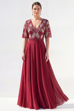 A-Line Green V-Neck Chiffon Floral Long Mother of the Bride Dress with Beading