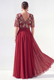 A-Line Green V-Neck Chiffon Floral Long Mother of the Bride Dress with Beading
