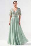 A-Line Green V-Neck Chiffon Floral Long Mother of the Bride Dress with Beading