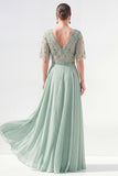 A-Line Green V-Neck Chiffon Floral Long Mother of the Bride Dress with Beading