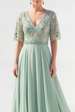 A-Line Green V-Neck Chiffon Floral Long Mother of the Bride Dress with Beading
