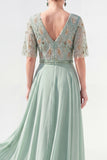 A-Line Green V-Neck Chiffon Floral Long Mother of the Bride Dress with Beading