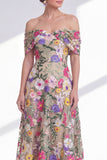 A-Line Light Khaki Off the Shoulder Floral High Low Mother Of the Bride Dress