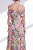 A-Line Light Khaki Off the Shoulder Floral High Low Mother Of the Bride Dress