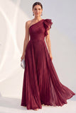 Navy A-Line One Shoulder Pleated Ruffled Glitter Long Mother of the Bride Dress