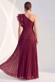 Navy A-Line One Shoulder Pleated Ruffled Glitter Long Mother of the Bride Dress