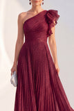 Navy A-Line One Shoulder Pleated Ruffled Glitter Long Mother of the Bride Dress