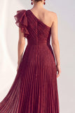 Navy A-Line One Shoulder Pleated Ruffled Glitter Long Mother of the Bride Dress