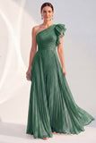 Navy A-Line One Shoulder Pleated Ruffled Glitter Long Mother of the Bride Dress