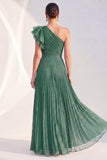 Navy A-Line One Shoulder Pleated Ruffled Glitter Long Mother of the Bride Dress
