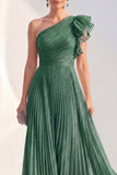 Navy A-Line One Shoulder Pleated Ruffled Glitter Long Mother of the Bride Dress