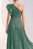 Navy A-Line One Shoulder Pleated Ruffled Glitter Long Mother of the Bride Dress