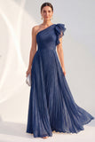 Navy A-Line One Shoulder Pleated Ruffled Glitter Long Mother of the Bride Dress