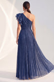 Navy A-Line One Shoulder Pleated Ruffled Glitter Long Mother of the Bride Dress