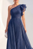 Navy A-Line One Shoulder Pleated Ruffled Glitter Long Mother of the Bride Dress